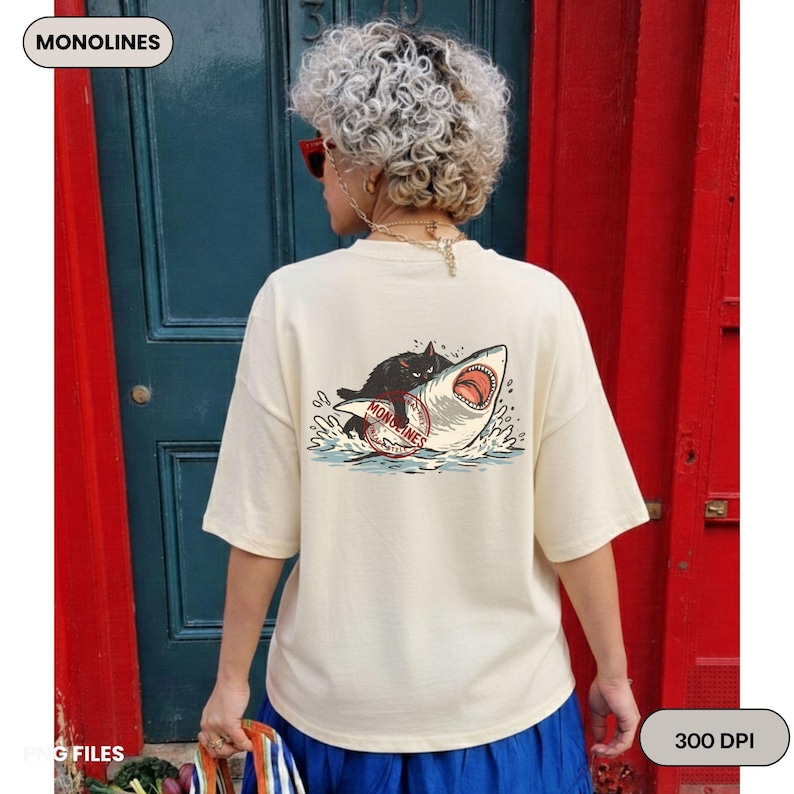 Black cat on shark PNG clipart, funny summer tshirt design digital download, vintage monoline illustration 300 DPI transparent background, instant download for sublimation mugs tumblers and stickers