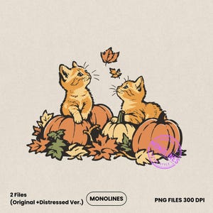 May include: A digital illustration of two orange kittens sitting among pumpkins and autumn leaves. The kittens look upward at falling leaves. Text at the bottom reads 2 Files (Original + Distressed Ver.), MONOLINES, and PNG FILES 300 DPI.