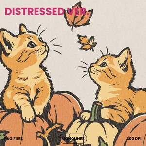 Cute orange kittens surrounded by pumpkins and maple leaves, Fall Cat PNG ideal for shirts, tote bags, mugs and seasonal gifts.