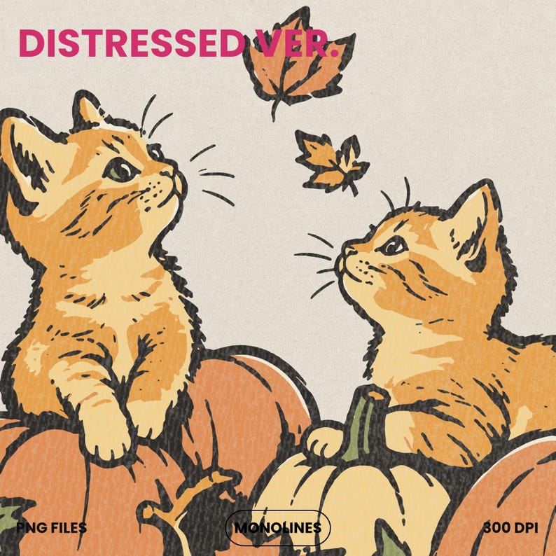 Cute orange kittens surrounded by pumpkins and maple leaves, Fall Cat PNG ideal for shirts, tote bags, mugs and seasonal gifts.