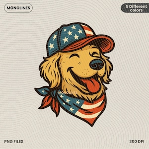 Smiling Dog USA Hat PNG, Golden Retriever 4th of July Shirt Design, Funny Patriotic Dog Clipart, Independence Day Puppy Sublimation
