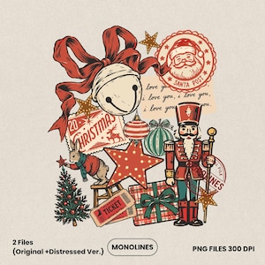 May include: A digital illustration featuring a large jingle bell with a red bow, a nutcracker, a rabbit decorating a Christmas tree, a star, a gift box, and vintage-style stamps with text including Santa Post, Christmas, and I love you.