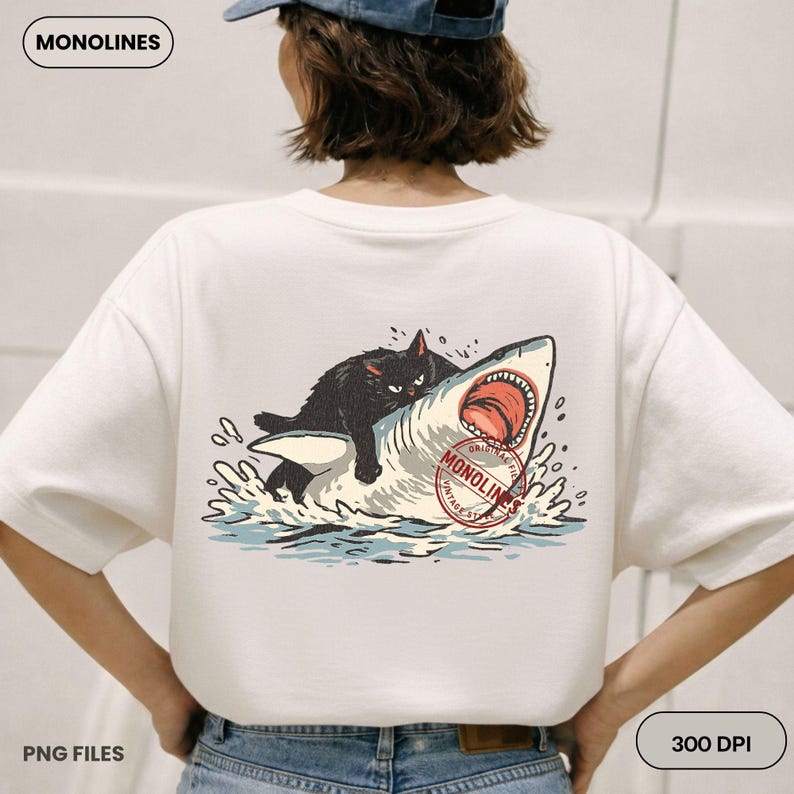 Black cat on shark PNG digital download, vintage monoline summer illustration, 300 DPI transparent background, funny cat clipart for summer tshirt sublimation DTG printing and instant download
