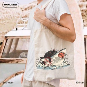 Cat shark PNG sublimation, black cat riding shark summer monoline design, 300 DPI transparent background digital download, funny cat tshirt png, instant download for Cricut sublimation and DTG printing