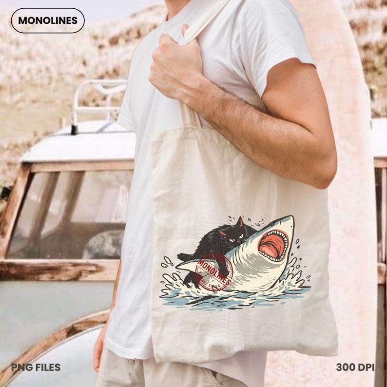 Cat shark PNG sublimation, black cat riding shark summer monoline design, 300 DPI transparent background digital download, funny cat tshirt png, instant download for Cricut sublimation and DTG printing