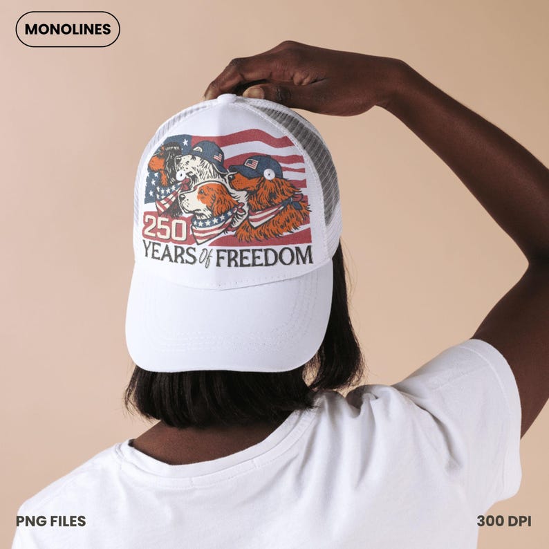 May include: White trucker cap with a mesh back and a patriotic graphic featuring three dogs wearing bandanas and hats, with the text "250 Years of Freedom".