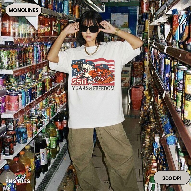 May include: A white t-shirt with a graphic of two cartoon bears and an American flag, with the text "250 YEARS of FREEDOM". The person is wearing sunglasses and khaki trousers, standing in a shop aisle.