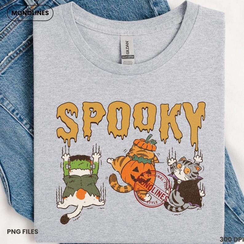 Black cat Halloween PNG illustration with funny costume cats including pumpkin vampire and Frankenstein characters in vintage cartoon style.