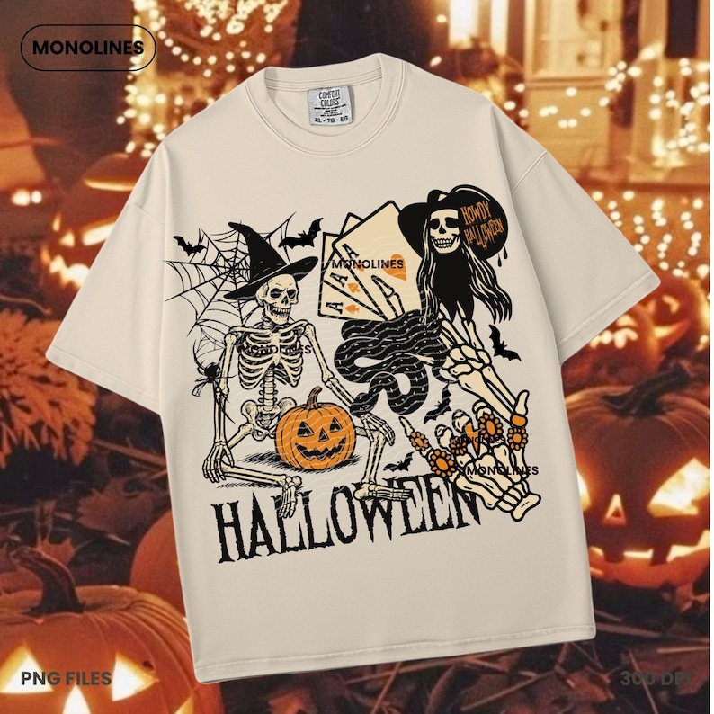 May include: Cream-colored t-shirt with a Halloween-themed graphic. The design features a skeleton wearing a witch hat, a jack-o'-lantern, playing cards, bats, and the word "HALLOWEEN".