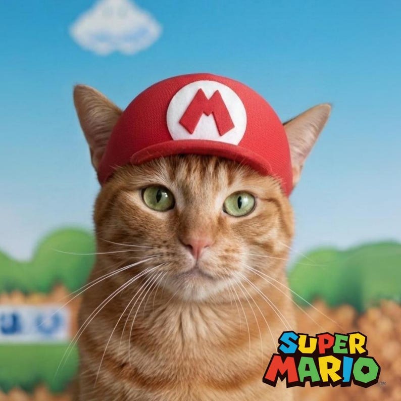 Może przedstawiać: Rudy kot w czerwonej czapce z białym logo 'M', przypominający postać z Super Mario. Kot ma zielone oczy i długie wąsy, na tle niebieskiego nieba i logo Super Mario.