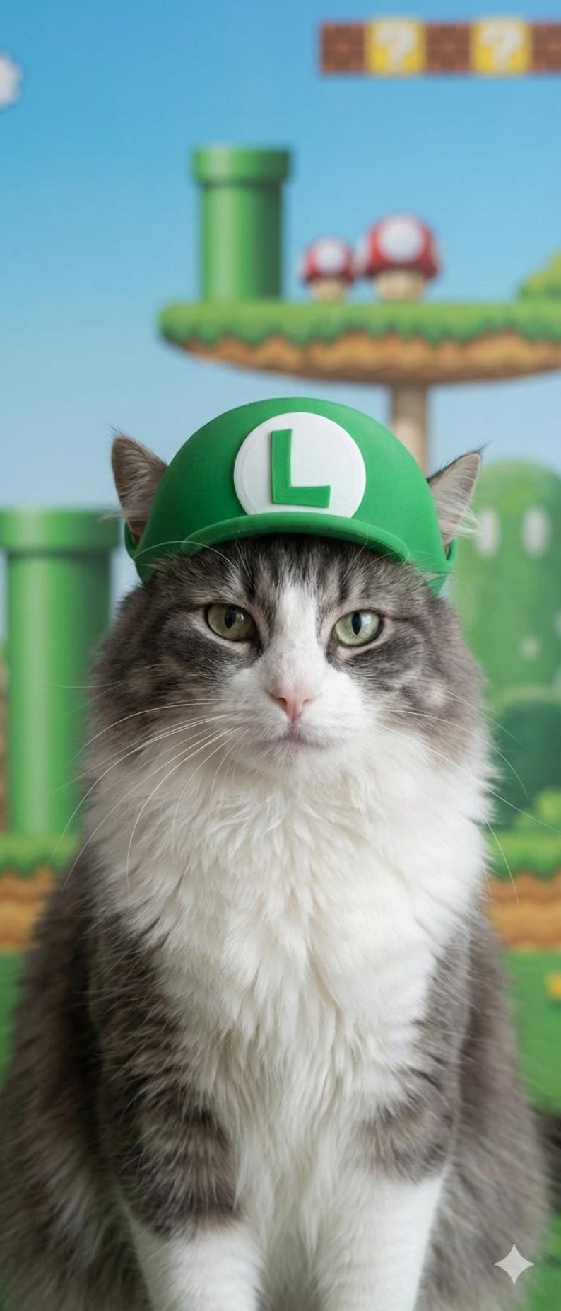 Może przedstawiać: Puszysty szaro-biały kot w zielonym kapeluszu z białym "L". Kot patrzy prosto w kamerę. Tło to scena z gry wideo Super Mario Bros.