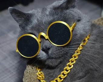 Cat &quot;Rich Necklace Glasses&quot; Set, Funny Halloween Costume, Accessories for Cat, Supercat, 3D printed