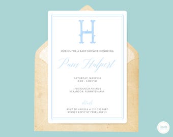 Blue Monogram Baby Shower Invitation – Custom Canva Design (Digital Download)