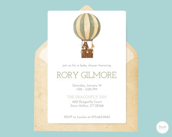 Olive Hot Air Balloon Baby Shower Invitation – Custom Canva Design (Digital Download)