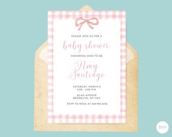 Pink Gingham Bow Baby Shower Invitation – Custom Canva Design (Digital Download)