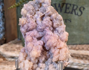 Moroccan Pink Chalcedony With Lavender Botryoidal Formations, Ruffled Folds and Sparkling Pockets | With Stand