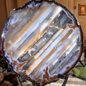 May include: A circular agate slice featuring translucent bands of white, gray, and amber, with a dark, textured outer rim. The stone displays natural crystalline patterns and is held upright by a black metal display stand, showcasing its internal layers.