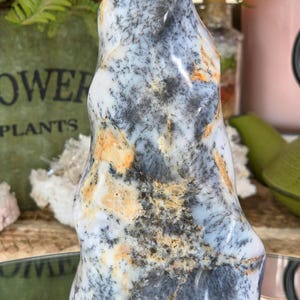 May include: A polished flame-shaped dendritic agate stone featuring a translucent white base with intricate black fern-like inclusions and patches of warm orange and tan mineral deposits throughout the smooth, curved surface of the mineral specimen.