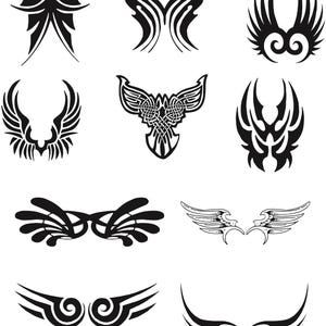 Könnte beinhalten: Ein Satz von 10 schwarzen und weißen Tribal-Flügel-Designs. Die Flügel sind stilisiert und haben eine Vielzahl von Formen und Mustern.