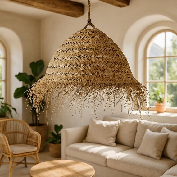 Handwoven Straw Ball Pendant Light: Boho Woven Lampshade