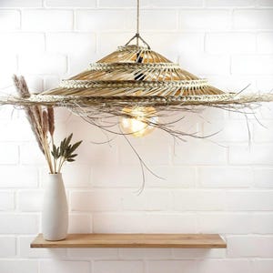 Oversized Palm Leaf Pendant Light, Handwoven Wicker Ceiling Lamp, Large Moroccan Boho Rattan Lighting Fixture for Home Decor handmade art