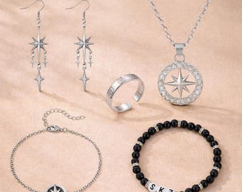 Stray Kids SKZ Jewelry Set | Compass Necklace, Bracelets, Ring & Earrings | K-Pop Fan Gift