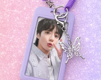 Photocard Holder Keychain with Butterfly Charm | Kpop Photo Keyring, bts purple