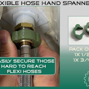 May include: A pack of two green plastic flexible hose hand spanners, one 1/2 inch and one 3/4 inch. The tools are designed to secure hard-to-reach flexi hoses, featuring the text KEY11 on the tool surface and the label FLEXIBLE HOSE HAND SPANNERS.