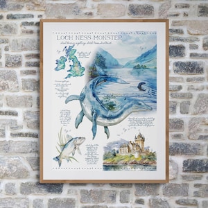 May include: A watercolor illustration of the Loch Ness Monster, a mythical creature said to inhabit Loch Ness in Scotland. The illustration includes a map of the United Kingdom, a close-up of the monster's head, and a view of Urquhart Castle.