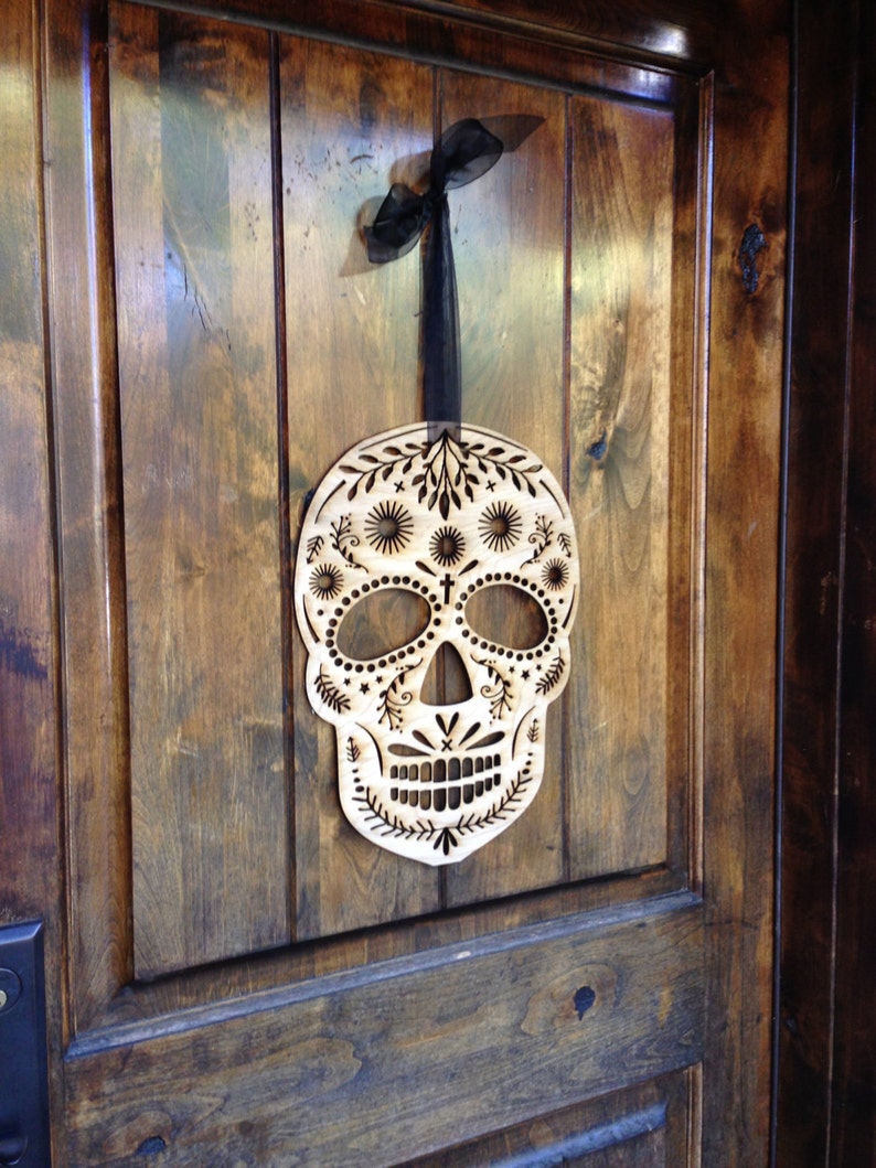 Wood scull halloween decoration mexican day of the dead inspired sugar scull haloween decoration laser cut wood door haning wreath decor image 5