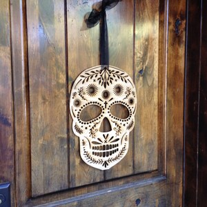 Wood scull halloween decoration mexican day of the dead inspired sugar scull haloween decoration laser cut wood door haning wreath decor image 3