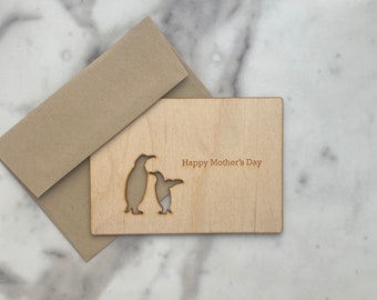 Engraved wood penguin Happy Mother’s Day card