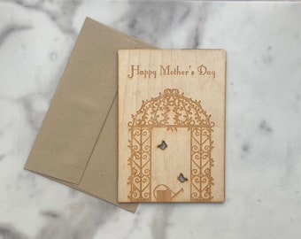 Engraved wood secret garden happy Mother’s Day card