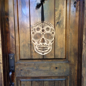 Wood scull halloween decoration mexican day of the dead inspired sugar scull haloween decoration laser cut wood door haning wreath decor image 1