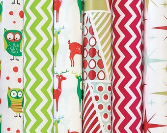 Holiday wrapping paper modern bright green & red chevron, owl owls, deer, fifties mod stars stripe trees vintage style sparkle christmas pap