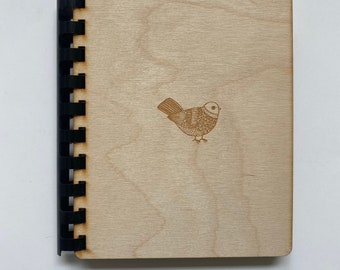 Wood Sketchbook notebook journal Engraved bird laser cut drawn birdie gift