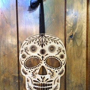 Wood scull halloween decoration mexican day of the dead inspired sugar scull haloween decoration laser cut wood door haning wreath decor image 4