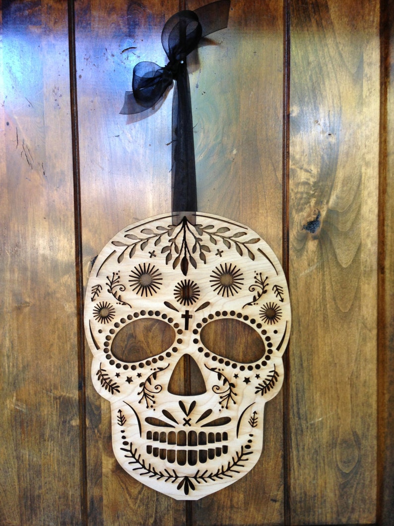 Wood scull halloween decoration mexican day of the dead inspired sugar scull haloween decoration laser cut wood door haning wreath decor image 4