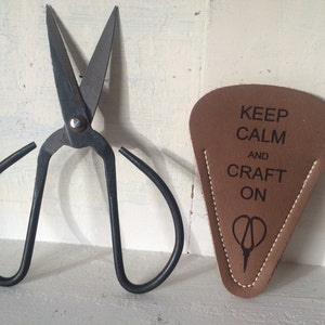 Vintage style bent metal scissors crafter's shears handmade genuine real leather scissor sheath etched quote or personalized monogram name