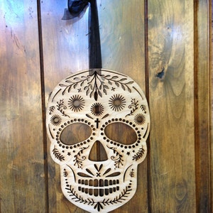 Wood scull halloween decoration mexican day of the dead inspired sugar scull haloween decoration laser cut wood door haning wreath decor image 2