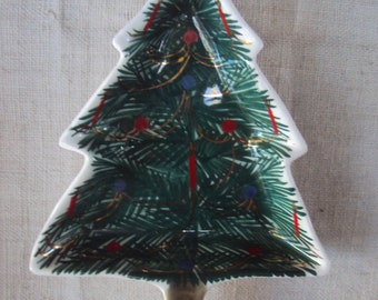 Vintage Italian Ceramic Christmas Tree 7.5 Inch Serving Dish Mid Century Candy Dish, Nut Dish, Trinket Dish Hand Painted