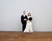 Vintage 1950s Bride and Groom Cake Topper Figurine Plaster Figurine Silvery Wedding Dress