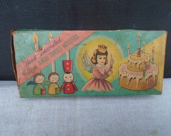 6 Boxed Vintage 50s Hand Decorated Wooden Angel and Soldiers Candle Holders for Hallmark Birthday Candles AS IS
