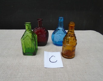 Vintage 60s Colored Glass Bottles: Red, Green, Blue, Yellow Wheaton and Taiwan (3 1/4" Tall) Group C