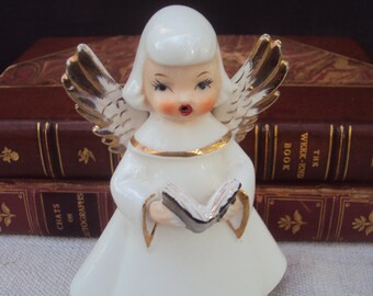 Vintage Ceramic Lefton Style Japan Choir Christmas Angel Girl In White Dress Star Trim with Song Book