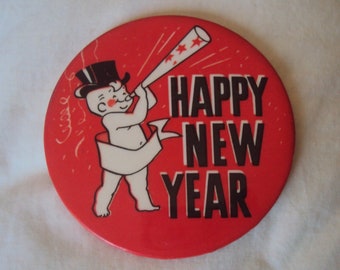 Large 3 1/2 " Vintage 50s  Amusement Park Happy New Year MOTTO SLOGAN Badge Pin