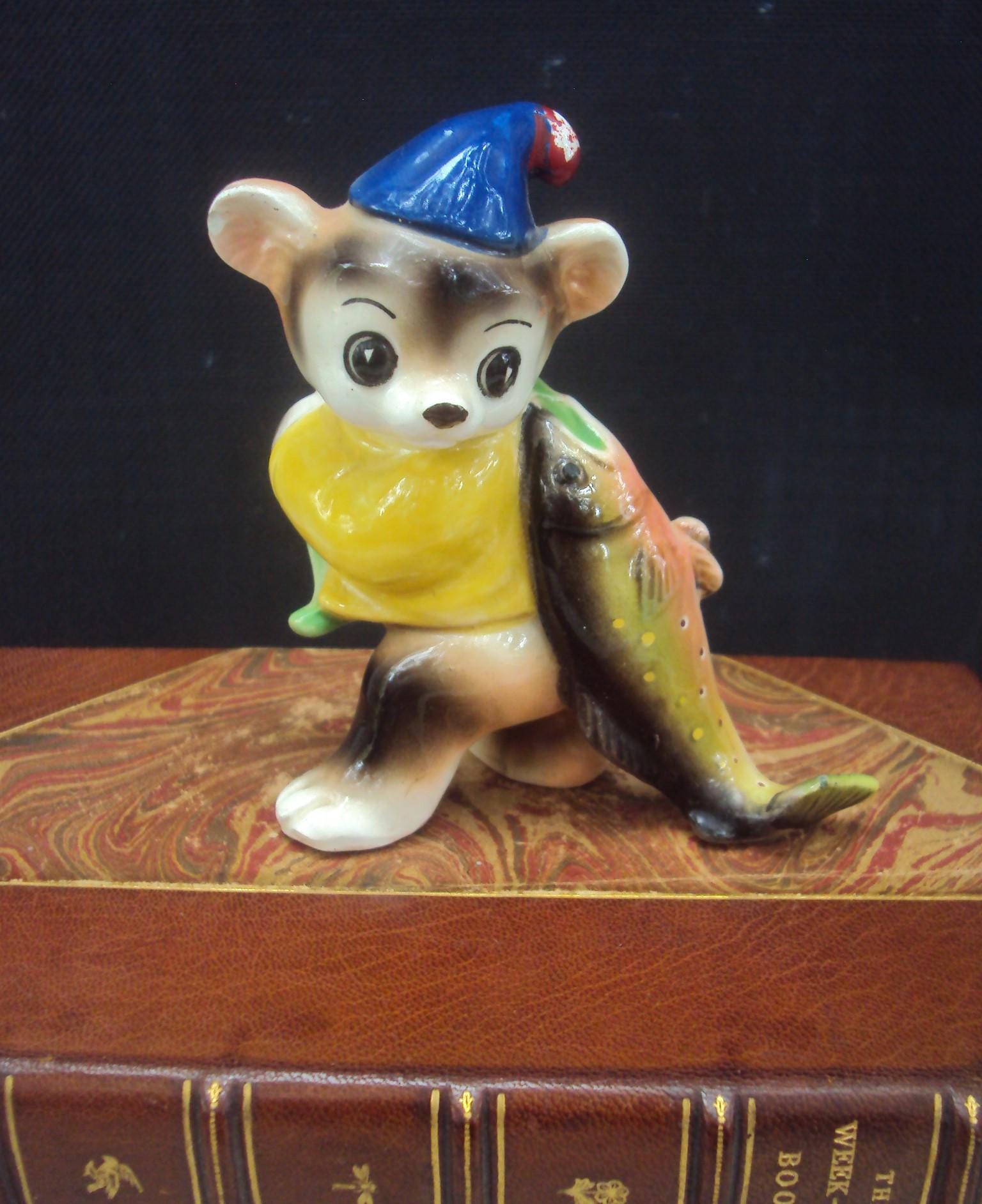Vintage 50s Ceramic Fishing Bear Figurine Made in Japan Clover