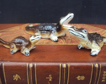 Vintage Alligator Family Bone China Miniature Set 2 Adults and 1 Baby So Unusual