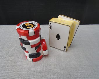 Vintage 1990s Ceramic Gambler's Salt and Pepper Shakers Playing Cards and Poker Chips