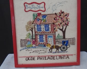 Vintage 60s  Handmade Crewel  Embroidered Olde Philadelphia Betsy Ross House Picture Wall Hanging
